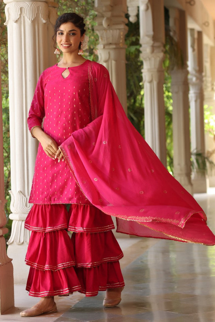 Pink Poly Silk Straight Sharara Suit Set  | SHOBITAM