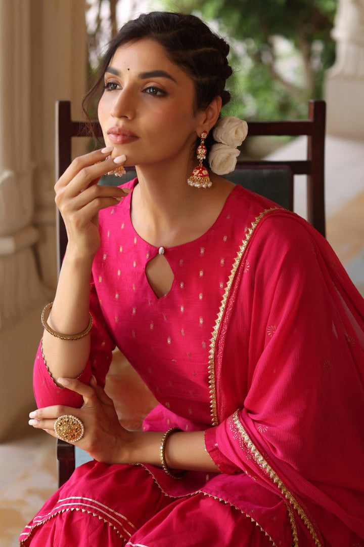Pink Poly Silk Straight Sharara Suit Set  | SHOBITAM