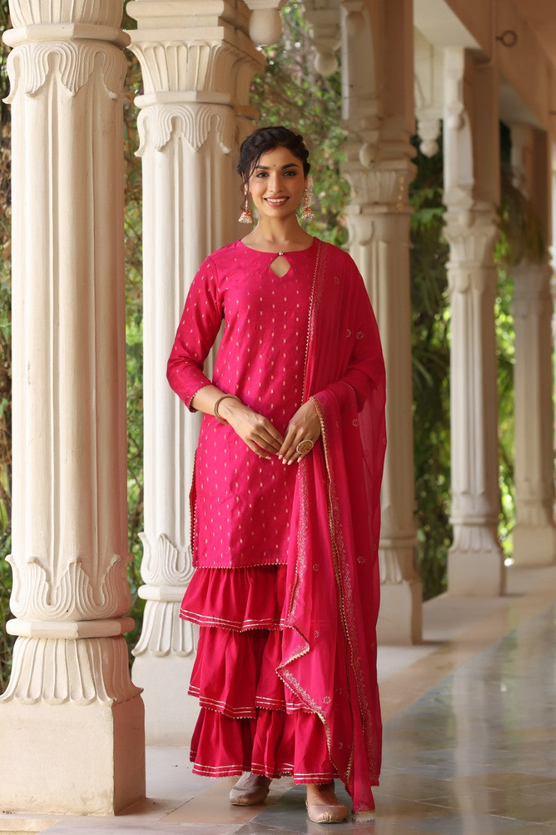 Pink Poly Silk Straight Sharara Suit Set  | SHOBITAM
