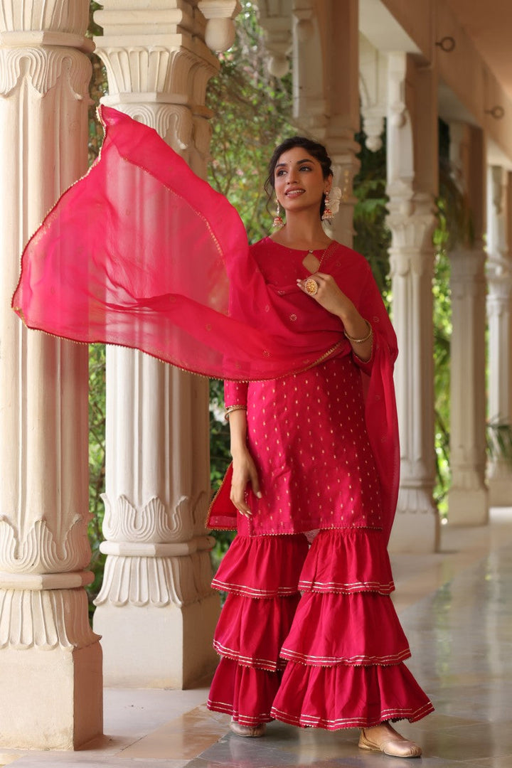 Pink Poly Silk Straight Sharara Suit Set  | SHOBITAM