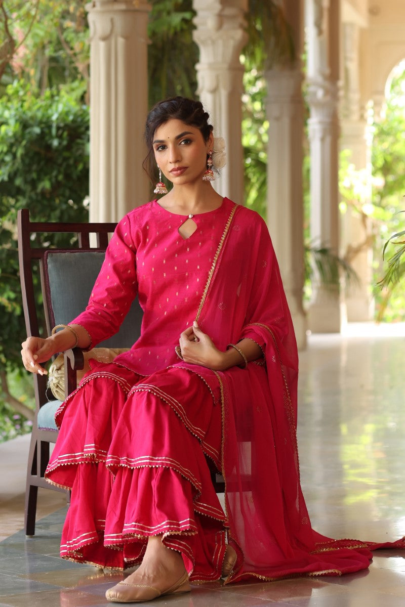 Pink Poly Silk Straight Sharara Suit Set  | SHOBITAM