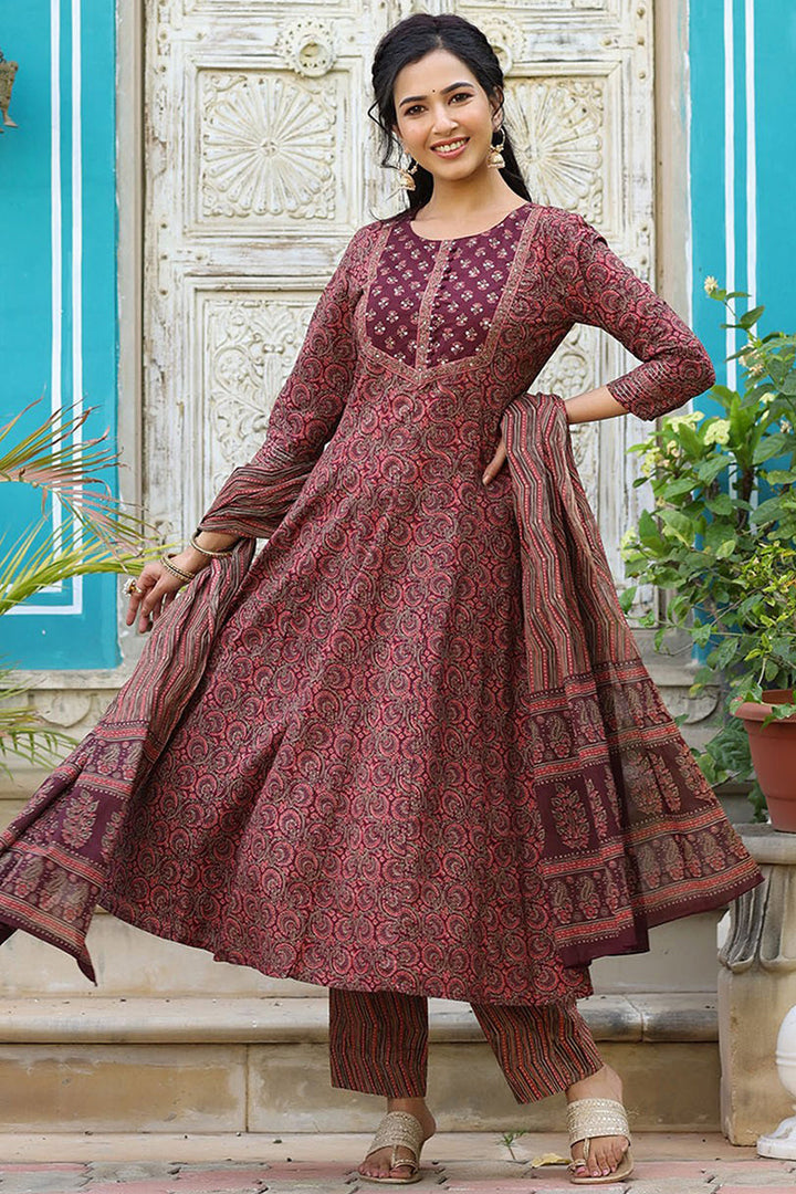 Maroon Rayon Blend Anarkali Kurta Pant With Dupatta | SHOBITAM