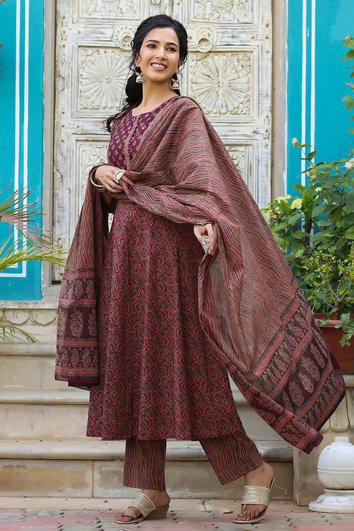 Maroon Rayon Blend Anarkali Kurta Pant With Dupatta | SHOBITAM