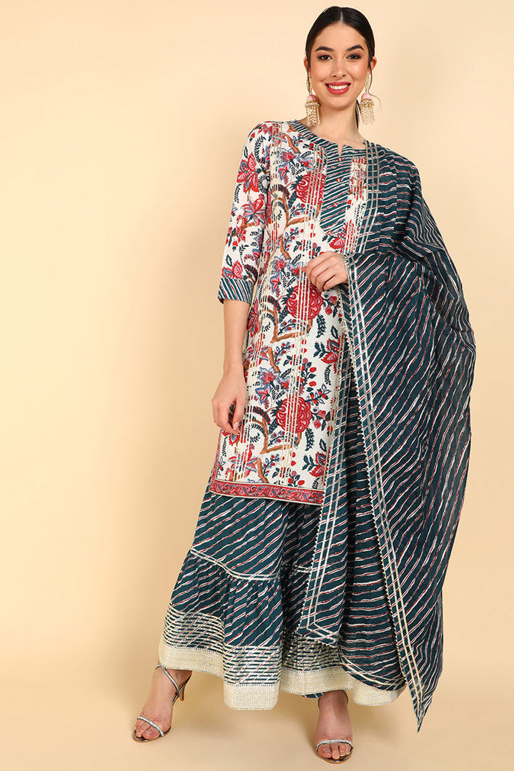 White Pure Cotton Floral Printed Straight Suit Set  | SHOBITAM