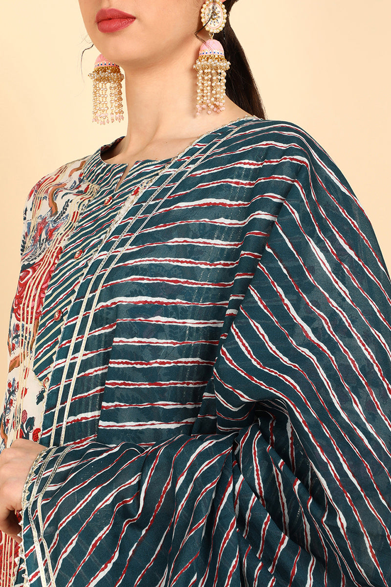 White Pure Cotton Floral Printed Straight Suit Set  | SHOBITAM