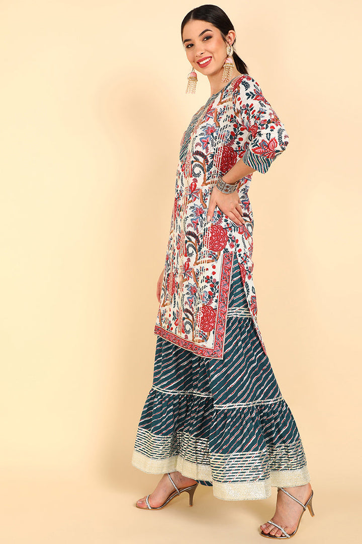 White Pure Cotton Floral Printed Straight Suit Set  | SHOBITAM