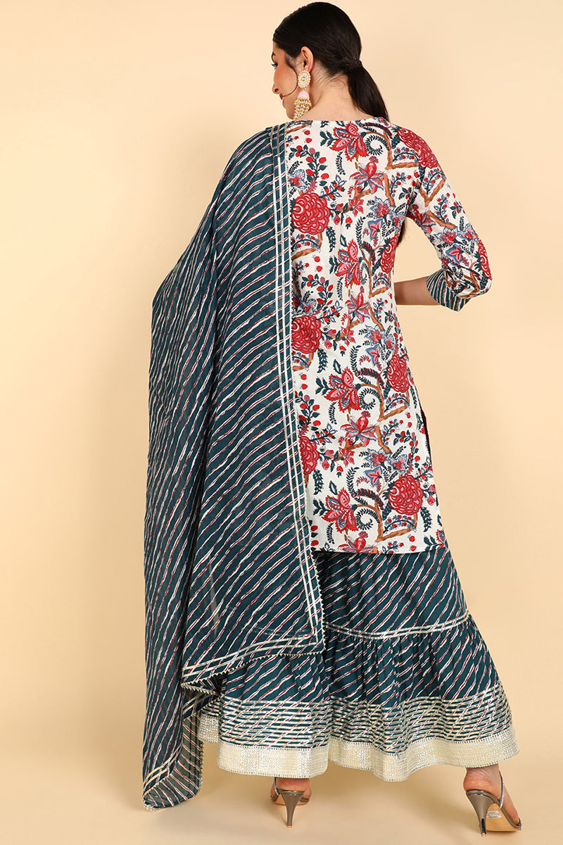 White Pure Cotton Floral Printed Straight Suit Set  | SHOBITAM