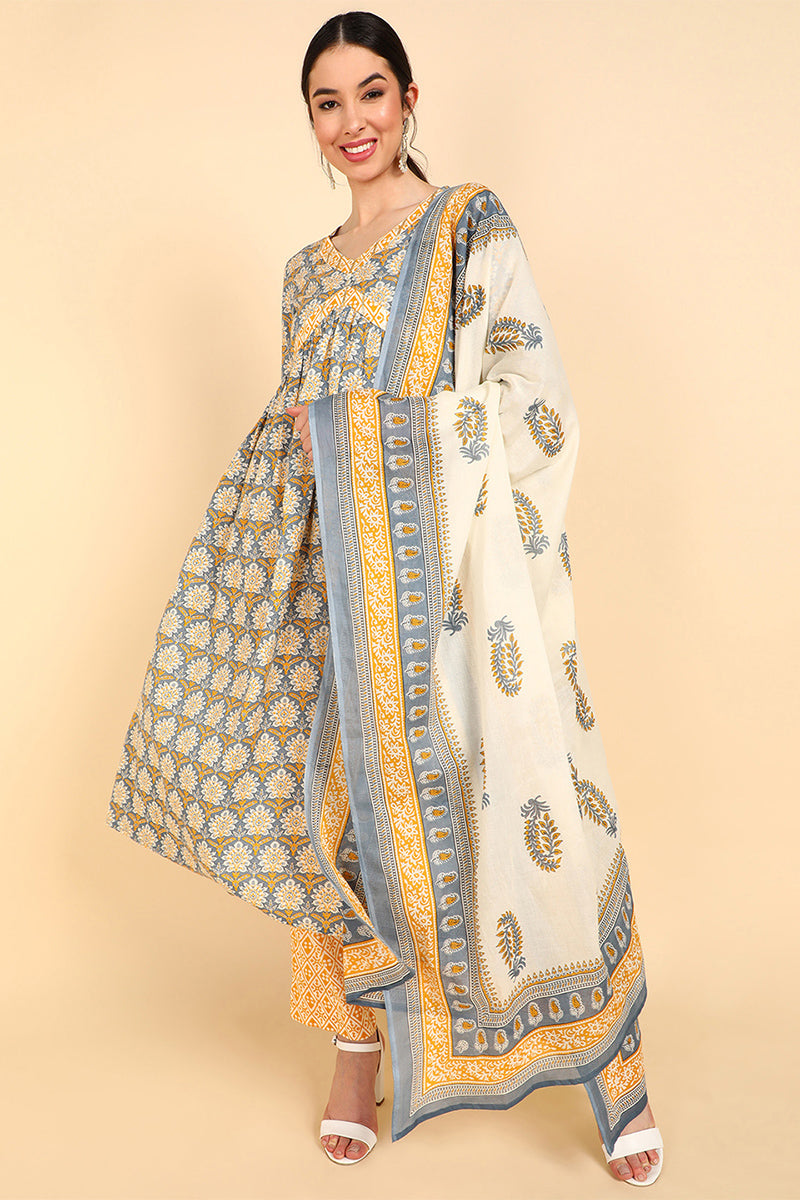 Yellow Pure Cotton Ethnic Motifs Printed Flared Style Suit Set   | SHOBITAM