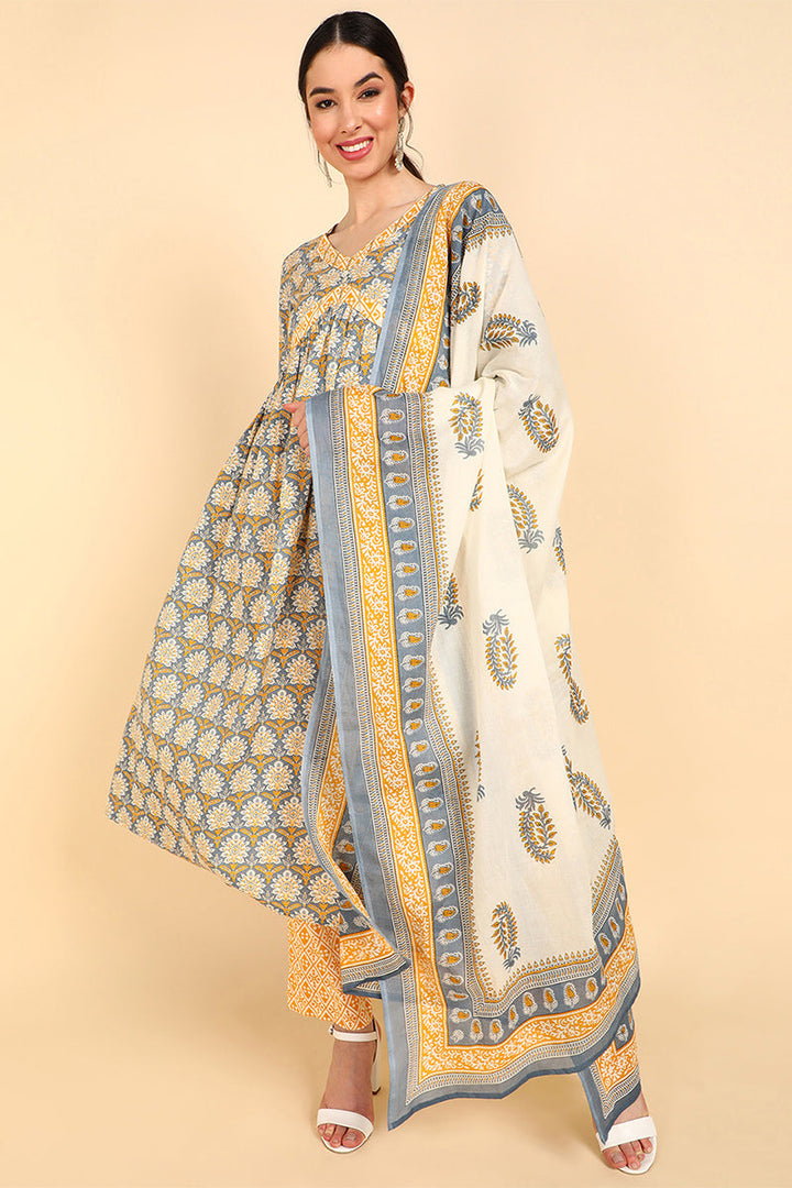 Yellow Pure Cotton Ethnic Motifs Printed Flared Style Suit Set   | SHOBITAM