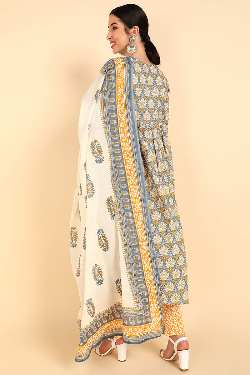 Yellow Pure Cotton Ethnic Motifs Printed Flared Style Suit Set   | SHOBITAM