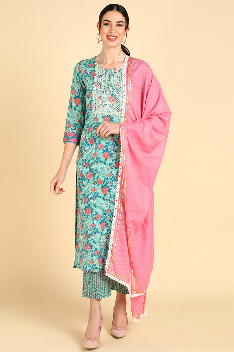 Sea Green Pure Cotton Floral Printed Straight Suit Set | SHOBITAM