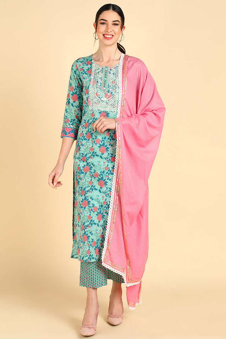 Sea Green Pure Cotton Floral Printed Straight Suit Set | SHOBITAM