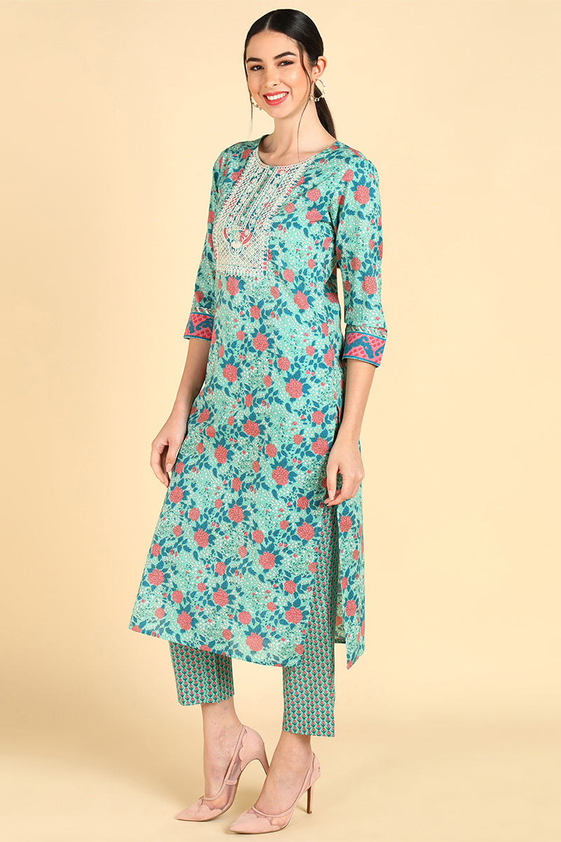 Sea Green Pure Cotton Floral Printed Straight Suit Set | SHOBITAM