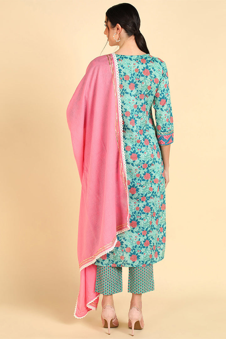 Sea Green Pure Cotton Floral Printed Straight Suit Set | SHOBITAM