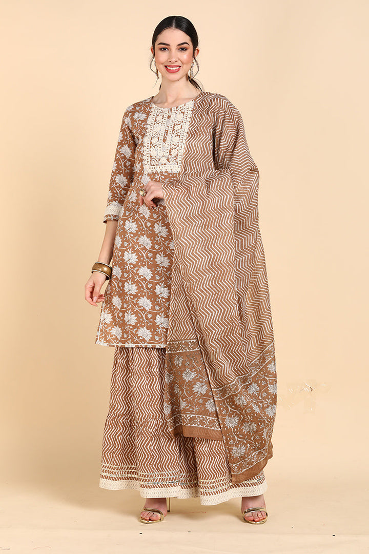 Brown Pure Cotton Straight Sharara Suit Set | SHOBITAM