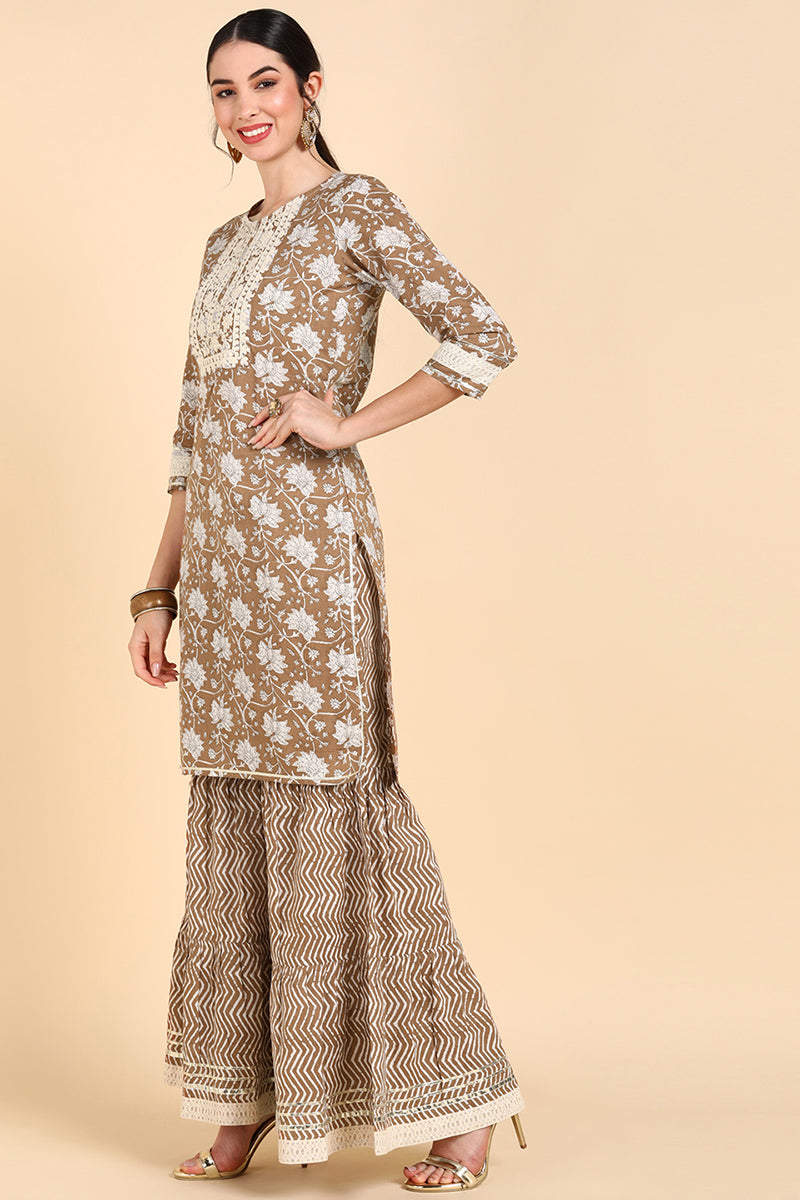 Brown Pure Cotton Straight Sharara Suit Set | SHOBITAM