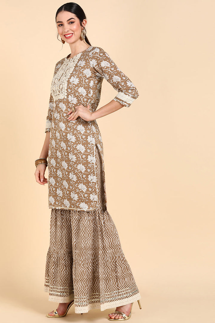 Brown Pure Cotton Straight Sharara Suit Set | SHOBITAM