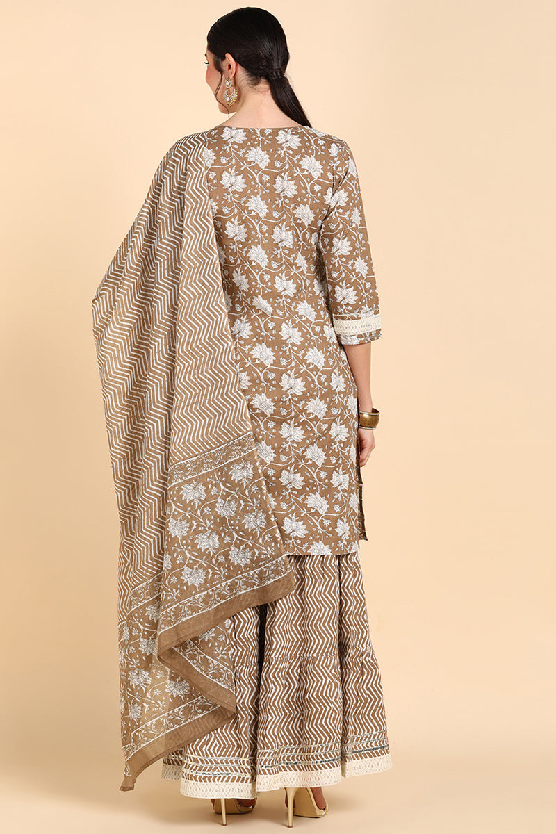 Brown Pure Cotton Straight Sharara Suit Set | SHOBITAM