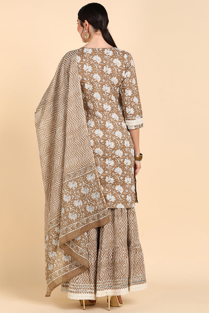Brown Pure Cotton Straight Sharara Suit Set | SHOBITAM