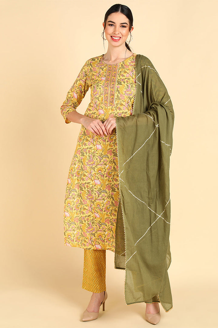 Yellow Pure Cotton Straight Kurta Pant With Dupatta Set  | SHOBITAM