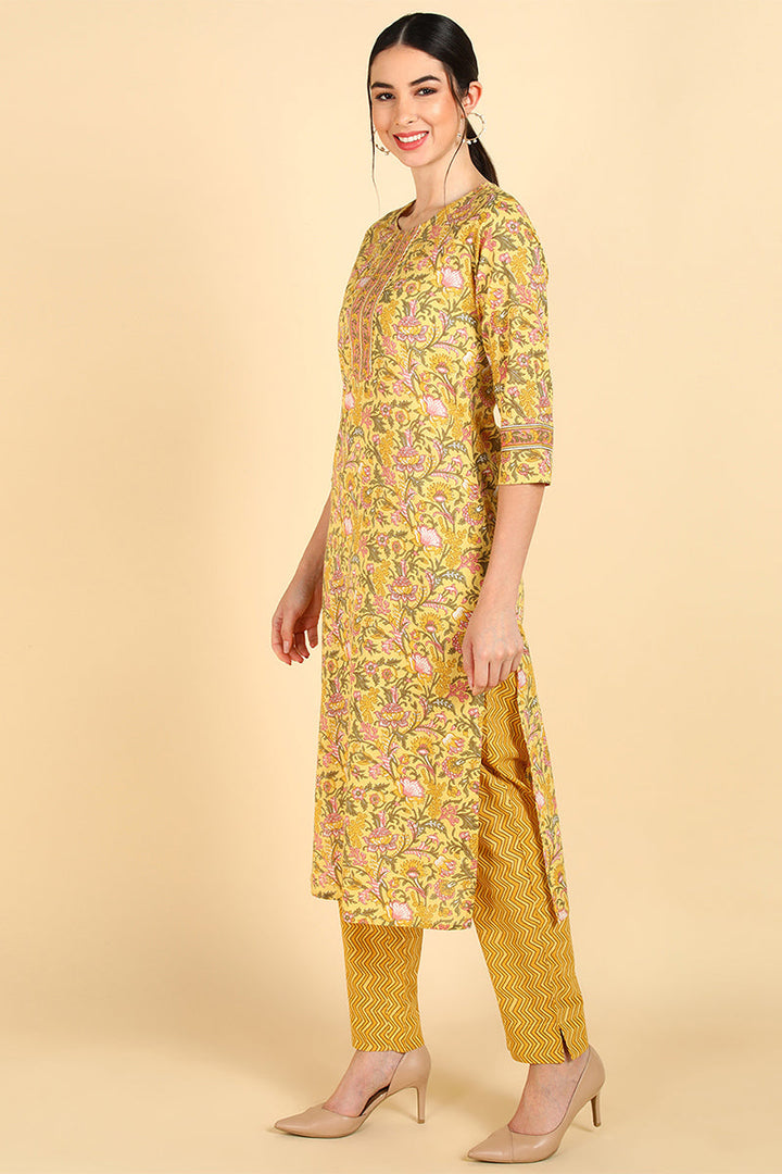 Yellow Pure Cotton Straight Kurta Pant With Dupatta Set  | SHOBITAM
