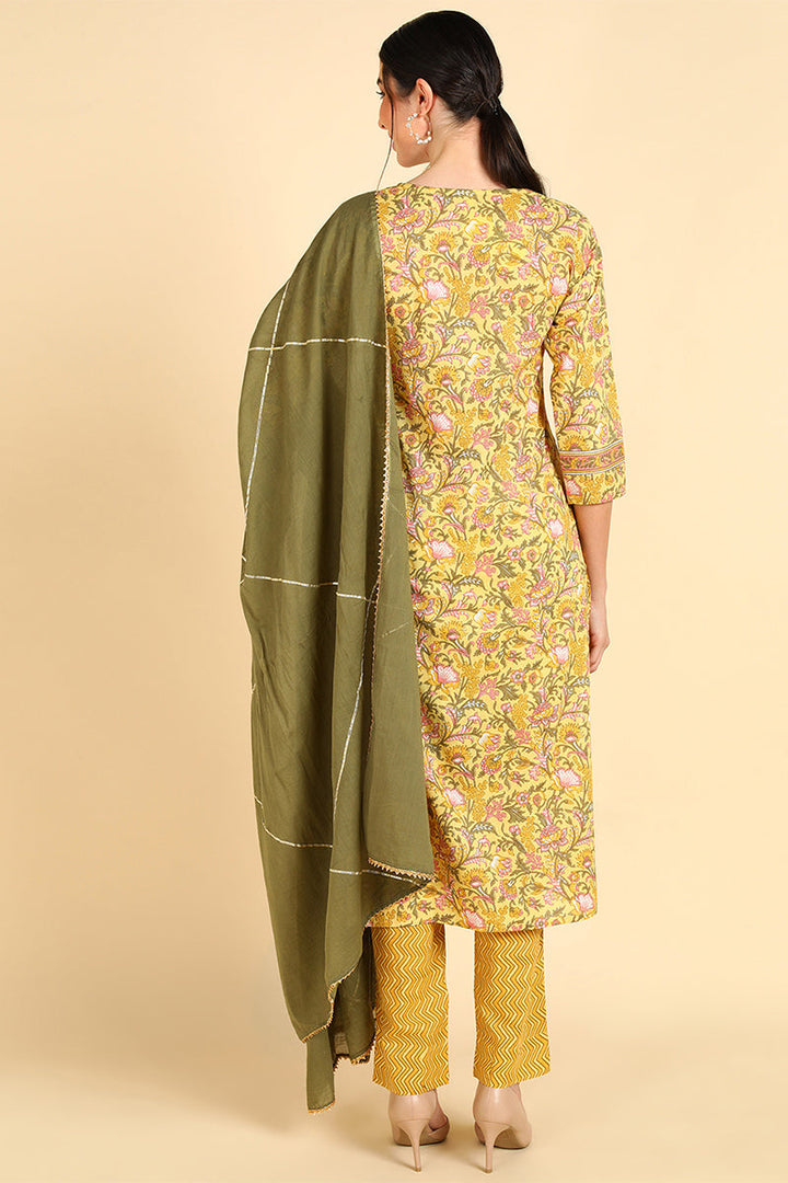 Yellow Pure Cotton Straight Kurta Pant With Dupatta Set  | SHOBITAM