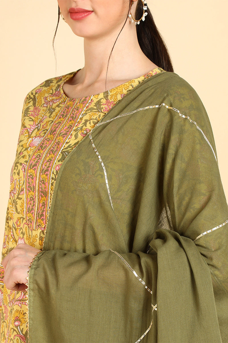 Yellow Pure Cotton Straight Kurta Pant With Dupatta Set  | SHOBITAM