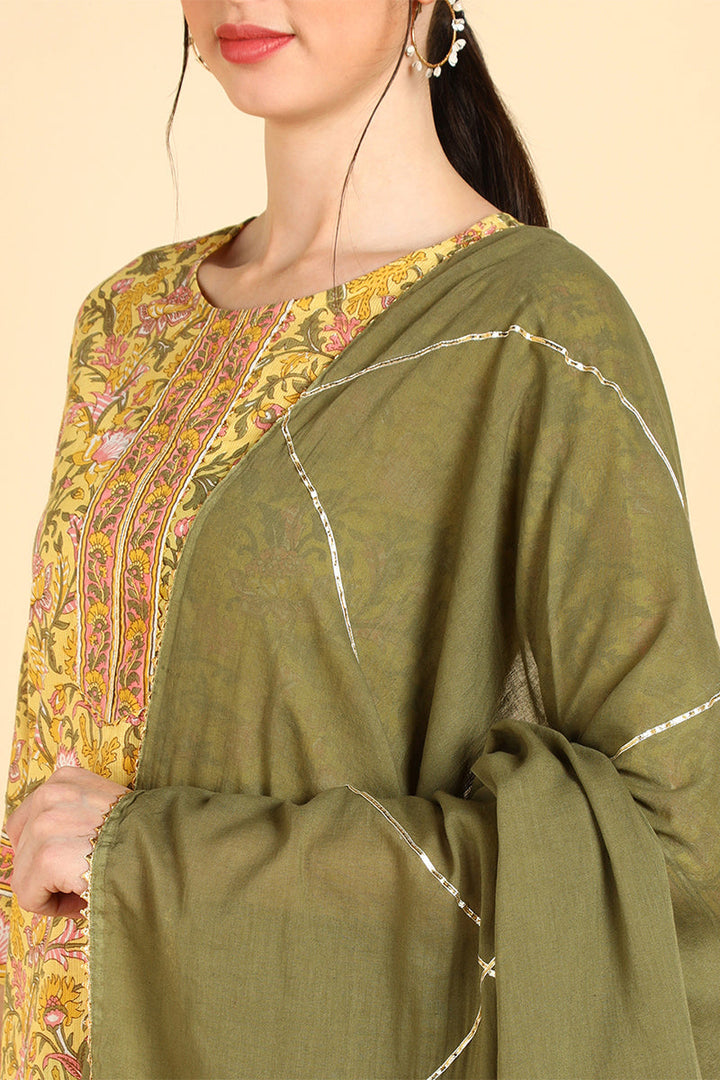 Yellow Pure Cotton Straight Kurta Pant With Dupatta Set  | SHOBITAM