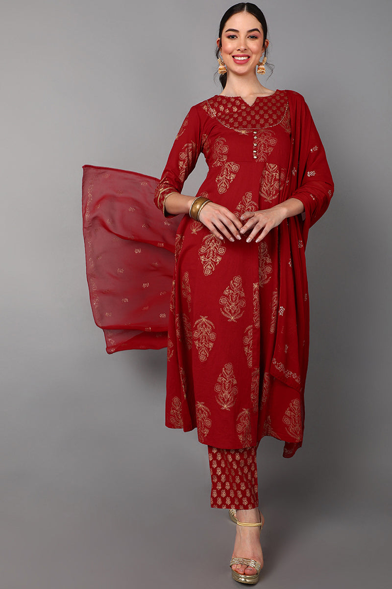 Red Cotton Straight Kurta Pant With Dupatta Set  | SHOBITAM