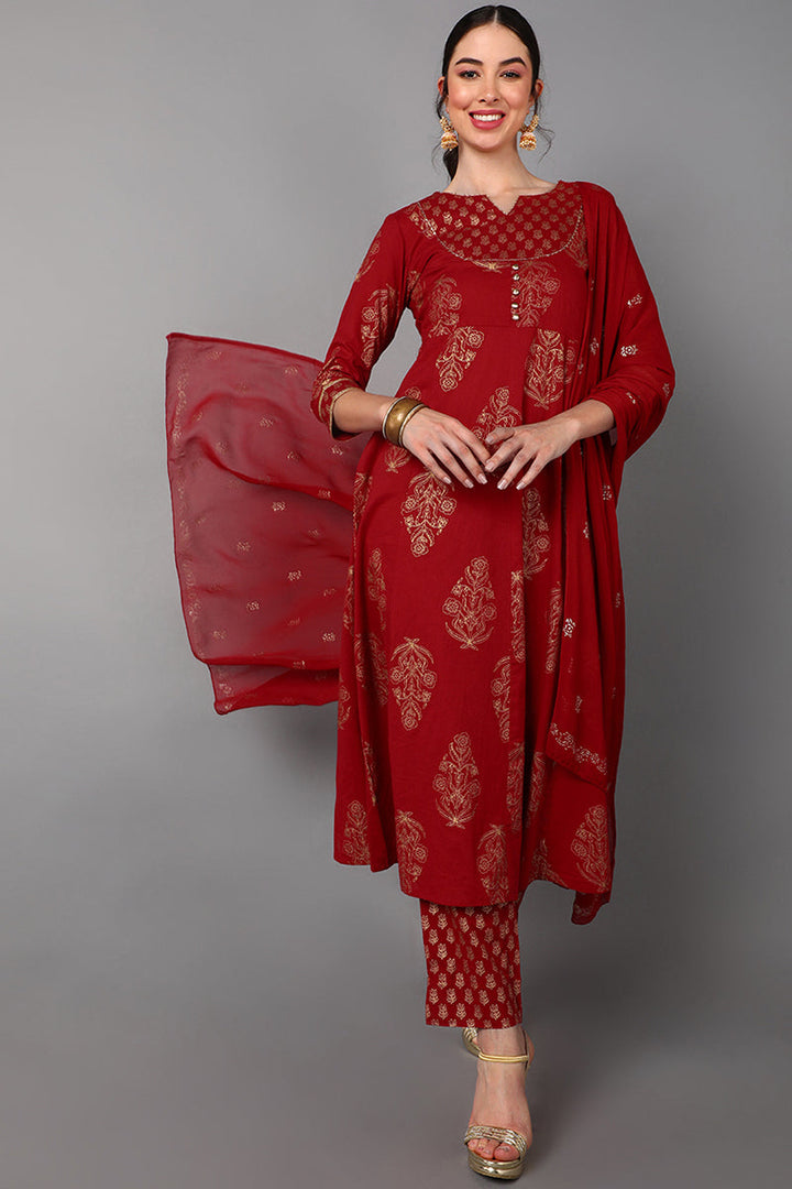 Red Cotton Straight Kurta Pant With Dupatta Set  | SHOBITAM