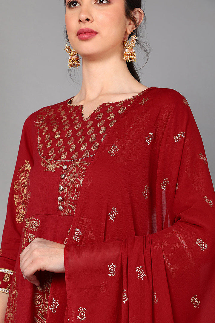 Red Cotton Straight Kurta Pant With Dupatta Set  | SHOBITAM