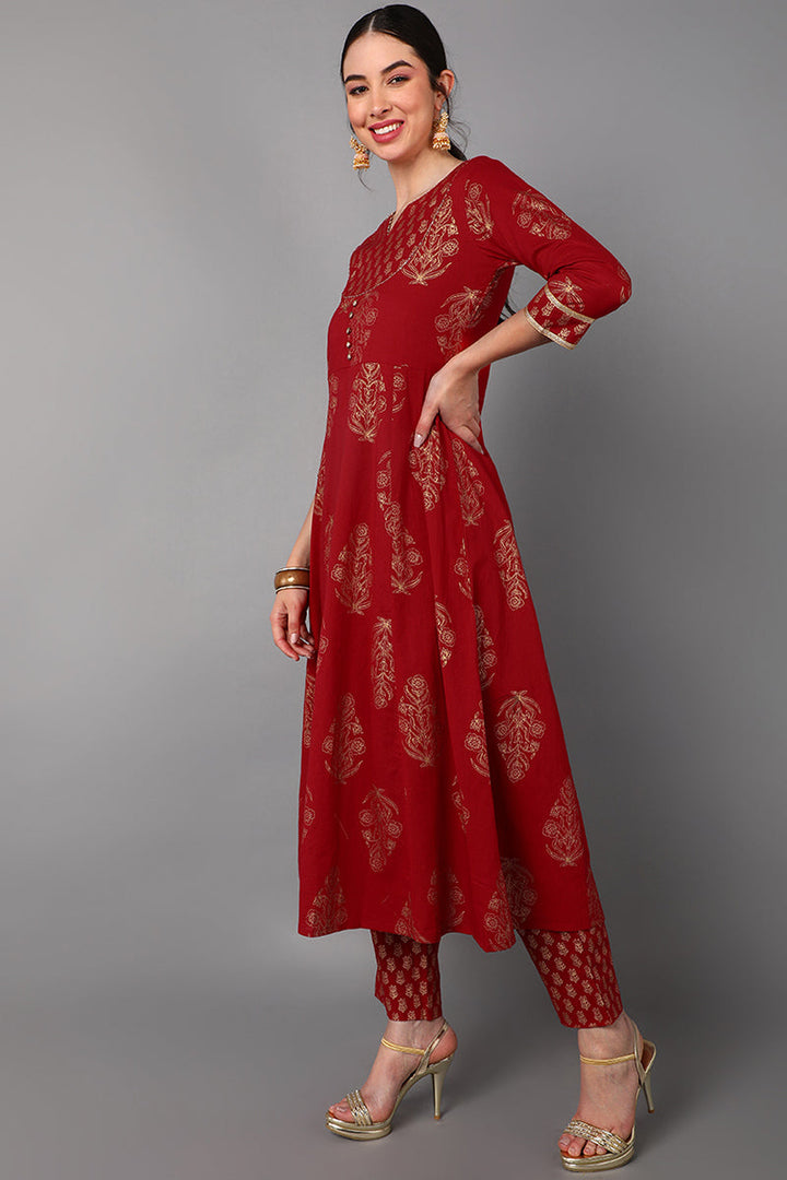 Red Cotton Straight Kurta Pant With Dupatta Set  | SHOBITAM