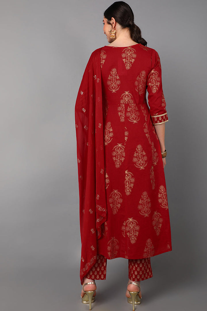 Red Cotton Straight Kurta Pant With Dupatta Set  | SHOBITAM