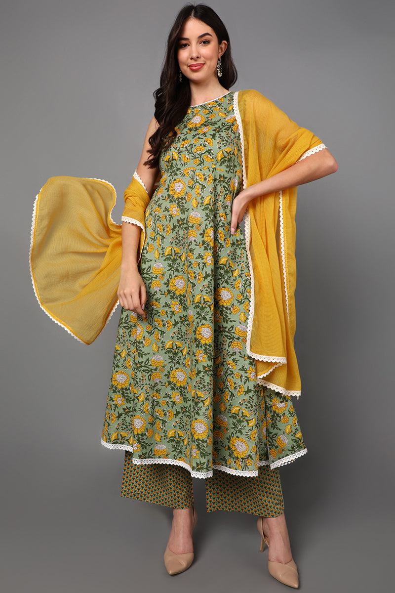 Green Pure Cotton Floral Anarkali Suit Set  | SHOBITAM