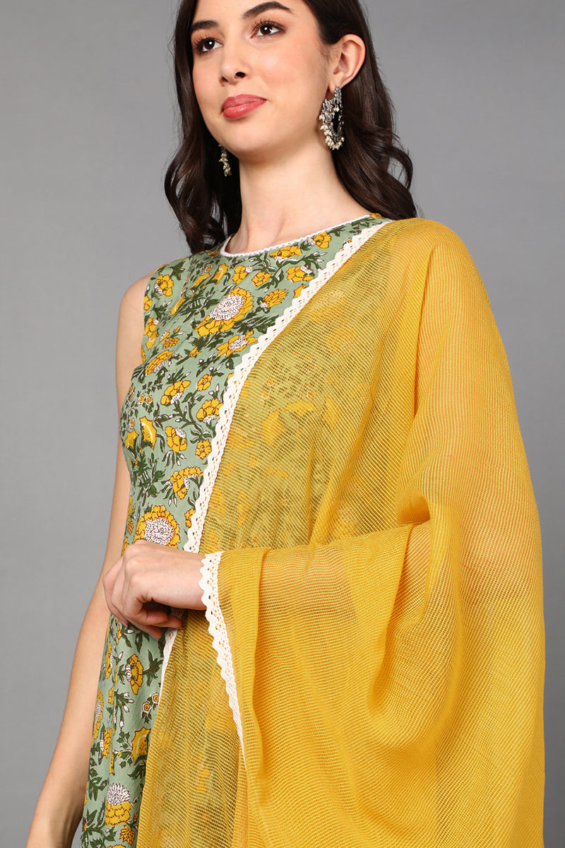 Green Pure Cotton Floral Anarkali Suit Set  | SHOBITAM