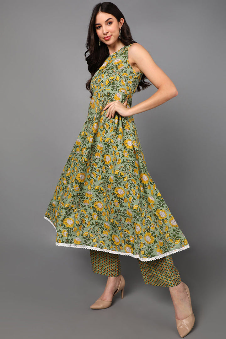 Green Pure Cotton Floral Anarkali Suit Set  | SHOBITAM