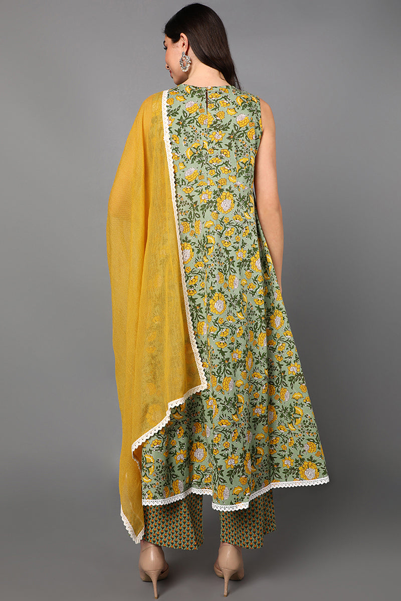 Green Pure Cotton Floral Anarkali Suit Set  | SHOBITAM