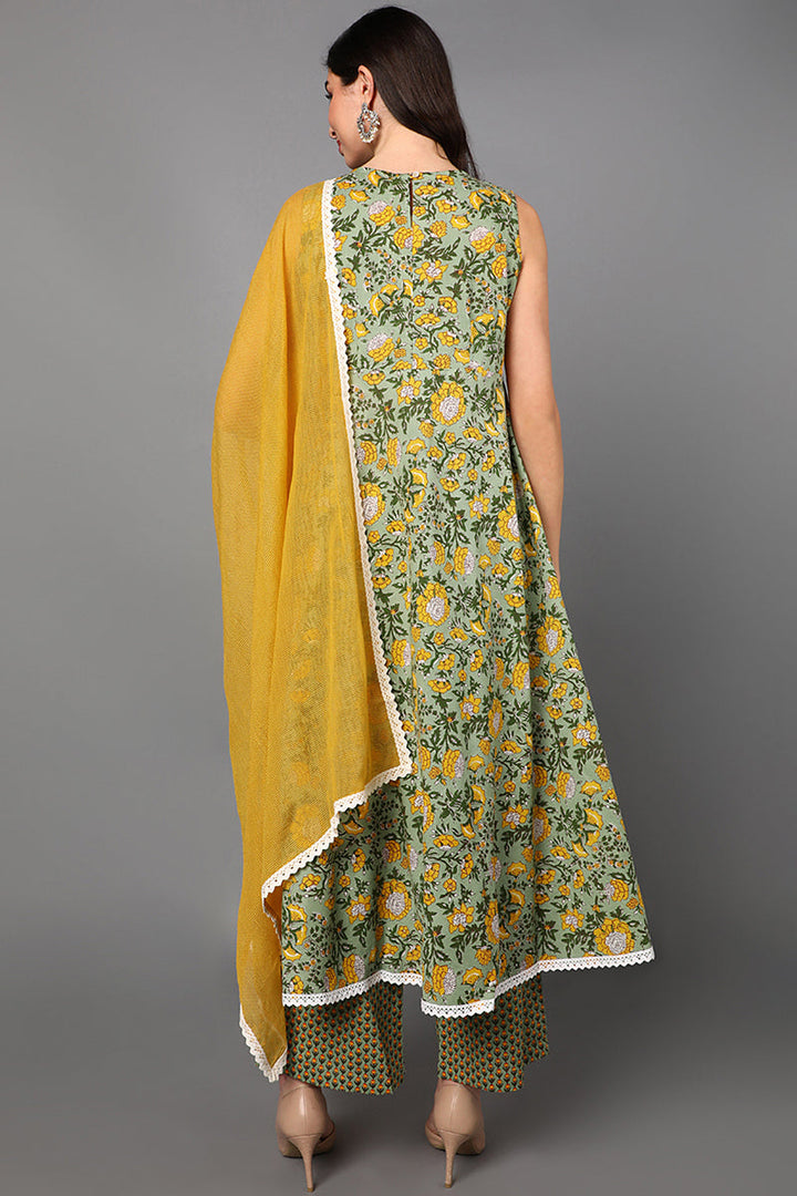 Green Pure Cotton Floral Anarkali Suit Set  | SHOBITAM