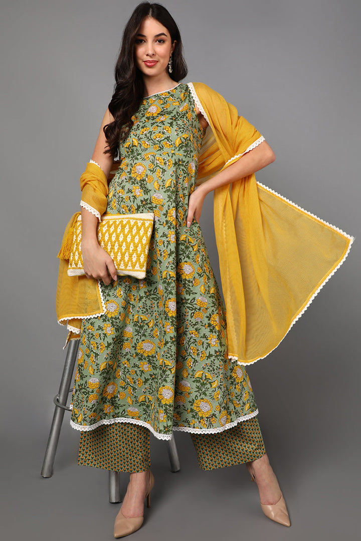 Green Pure Cotton Floral Anarkali Suit Set  | SHOBITAM