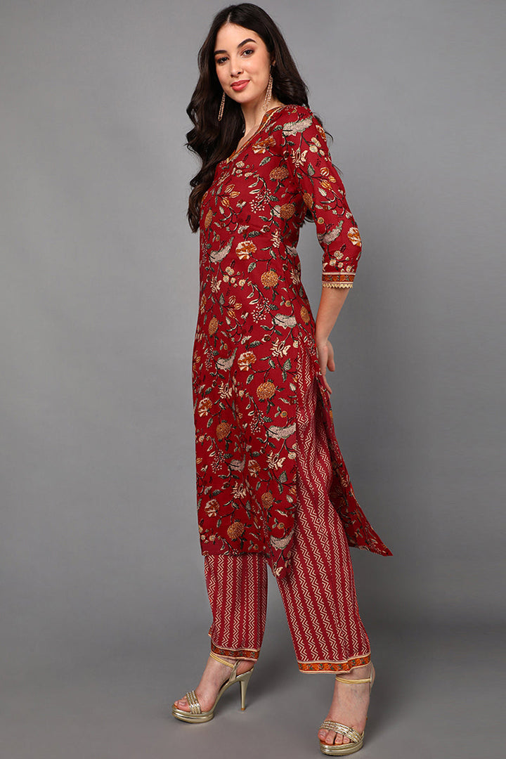 Red Cotton Floral Printed Kurta Pant Dupatta Set  | SHOBITAM