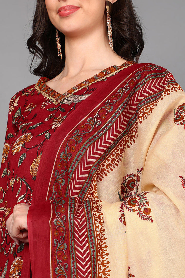 Red Cotton Floral Printed Kurta Pant Dupatta Set  | SHOBITAM
