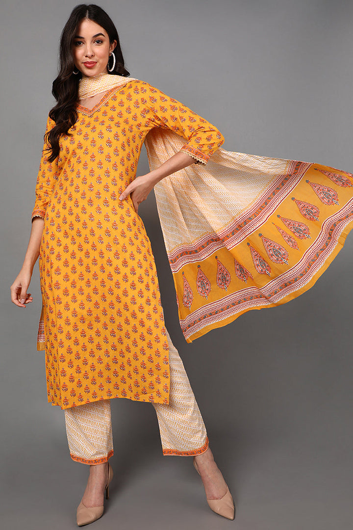 Yellow Pure Cotton Ethnic Motifs Straight Suit Set | SHOBITAM