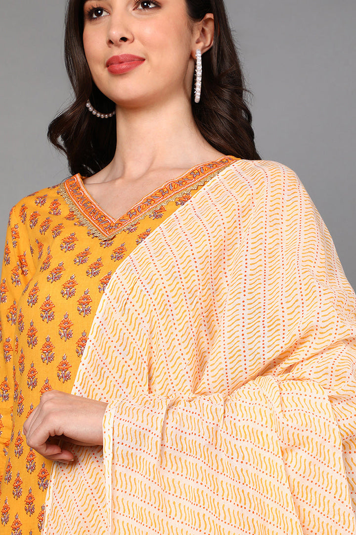 Yellow Pure Cotton Ethnic Motifs Straight Suit Set | SHOBITAM