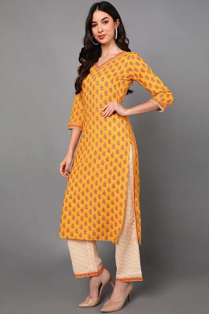 Yellow Pure Cotton Ethnic Motifs Straight Suit Set | SHOBITAM