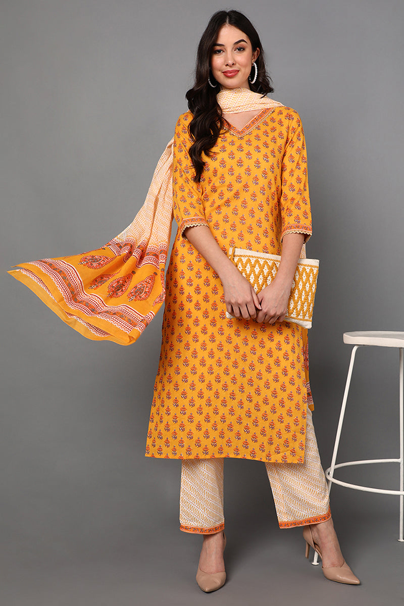 Yellow Pure Cotton Ethnic Motifs Straight Suit Set | SHOBITAM
