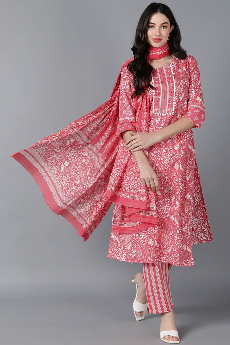 Pink Cotton Printed Kurta Trouser With Dupatta | SHOBITAM