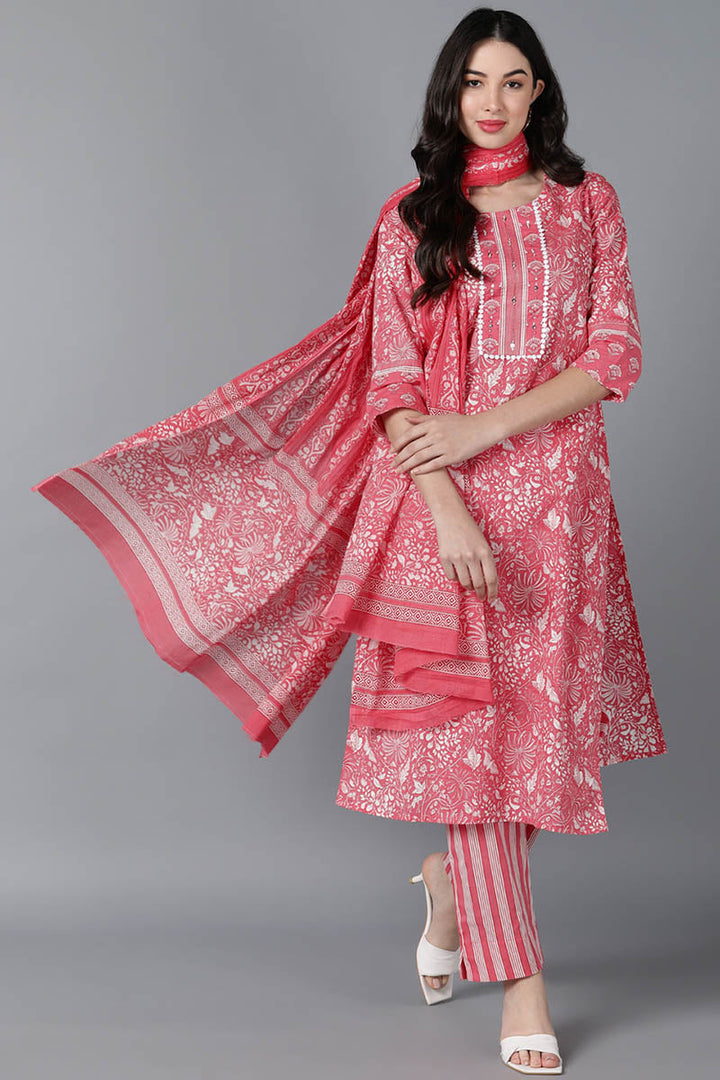 Pink Cotton Printed Kurta Trouser With Dupatta | SHOBITAM