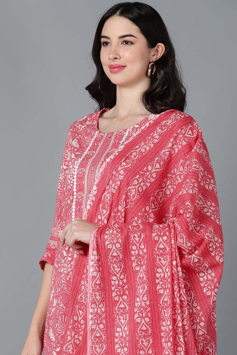Pink Cotton Printed Kurta Trouser With Dupatta | SHOBITAM