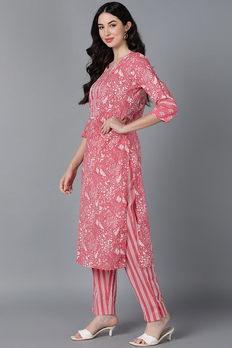 Pink Cotton Printed Kurta Trouser With Dupatta | SHOBITAM