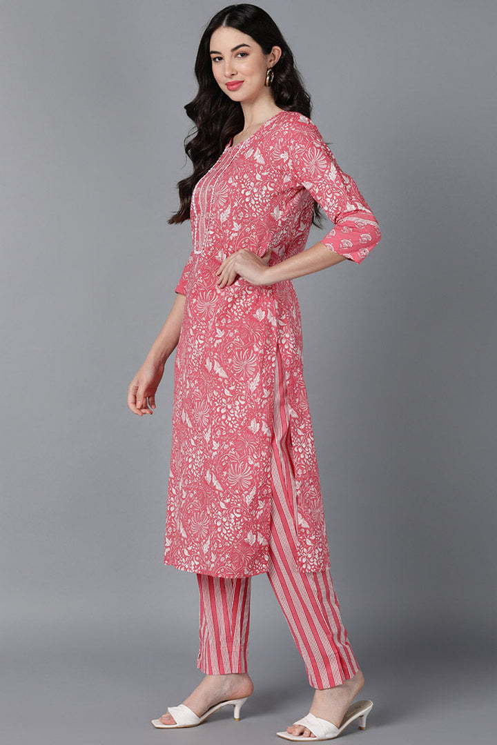 Pink Cotton Printed Kurta Trouser With Dupatta | SHOBITAM